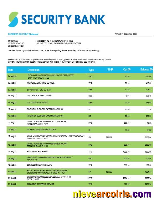 Security Bank firm account statement